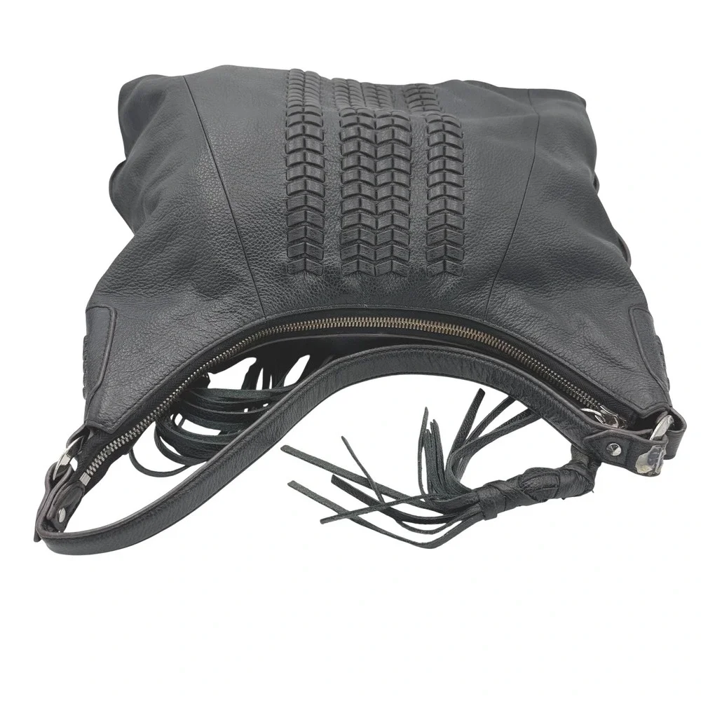 Born Leather Hobo‎ Bag Womens Large Black Tassel Whipstitch Shoulder Bag